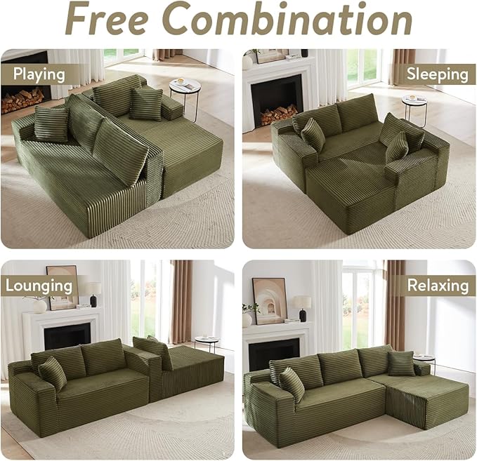 104 Inch Cloud Sectional Couch with L-Shape Chaise,Modern Boneless Couches with Deep Seat,Corduroy Sponge Compressed Sofa for Living Room, Bedroom,No Assembly Required (Green, Right Facing Chaise)