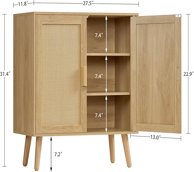 Iwell Storage Cabinet with 2 Shelves, Rattan Cabinet with 2 Doors, Sideboard Buffet Cabinets with Storage for Living Room, Dining Room, Entryway, Natural