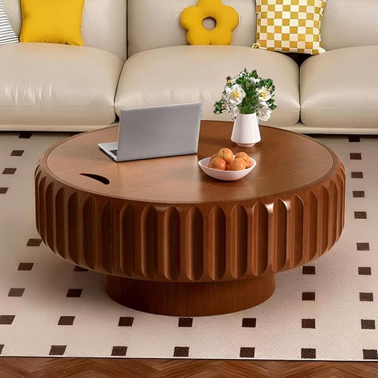 Round Coffee Table with Storage for Living Room, Handcraft Fluted Drum Coffee Table Modern Circle Wooden Coffee Table Cocktail Table for Home Office Apartment (Brown 31.5")