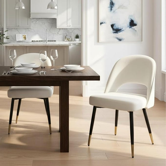 DUOMAY Modern Dining Chair Set of 2 with Open Back, Velvet Upholstered Armless Chair with Metal Frame Side Chair for Kitchen Dining Room Living Room, Beige