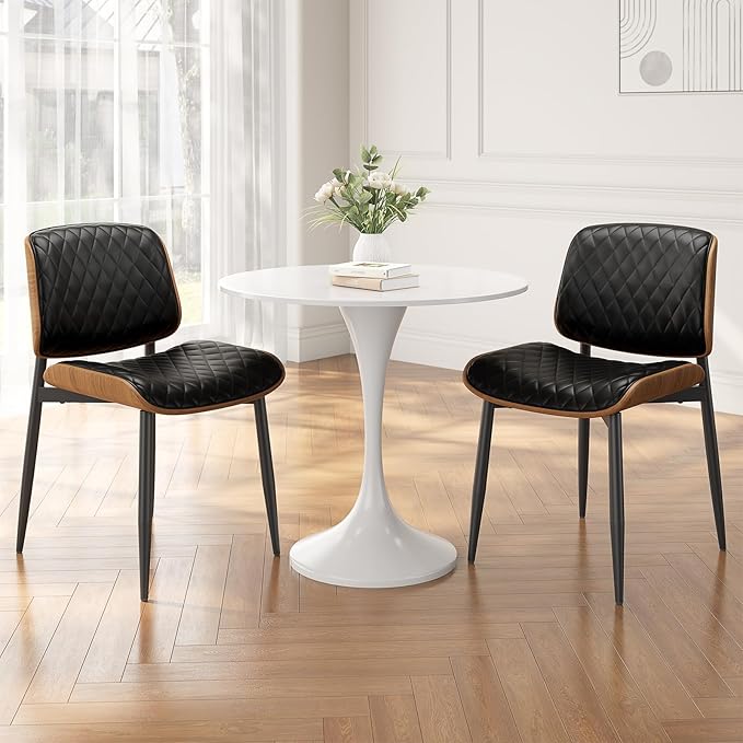 Dining Chairs Set of 6, Mid-Century Modern Upholstered PU Leather Chairs with Walnut Back and Metal Legs Adjustable Feet for Kitchen Dining Room, Black Diamond Plaid