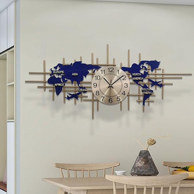 37.8 Inch Modern World Map Wall Clock, Silent Quartz 3D Design, Large Handmade Iron Frameless Decorative Clock for Living Room, Bedroom, Kitchen, Office (Large)