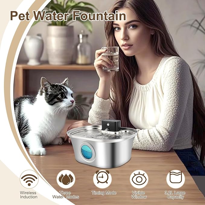 Wireless Cat Water Fountain Stainless Steel, 3.2L Large Dogs Drinking Dispenser Fountain with Spout, Automatic Feeder Indoor, Cordless Water Bowl for Cats Dogs Pets Auto Animals Waterfountain - 108oz