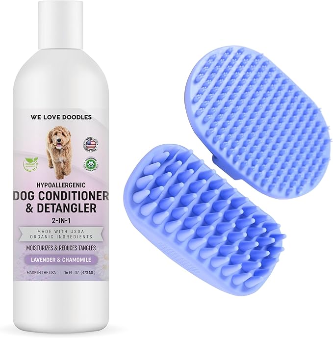 We Love Doodles Dog Conditioner & Dog Bath Brush - 2-in-1 Conditioner for Allergies & Itching, Lotion Treatment for Dogs, Pet Rubber Brush for Shower Scrubbing & Soothing Massage, for Puppy Grooming