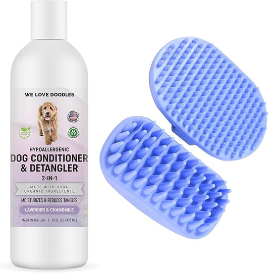 We Love Doodles Dog Conditioner & Dog Bath Brush - 2-in-1 Conditioner for Allergies & Itching, Lotion Treatment for Dogs, Pet Rubber Brush for Shower Scrubbing & Soothing Massage, for Puppy Grooming