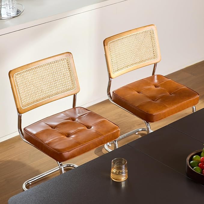Brown Faux Leather Rattan Dining Chairs Set of 2, Wooden Mid Century Modern Dining Room Chairs, Mesh Back Cane Kitchen Chair, Cesca Design Chairs with Metal Chrome Legs