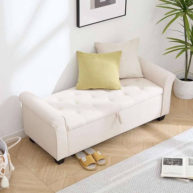 End of Bed Storage Bench for Bedroom, 49" Upholstered Storage Ottoman with Rolled Arms, Rivet Polyester Fabric Ottoman Bench for Bedroom, Living Room, Window, Entryway, Beige