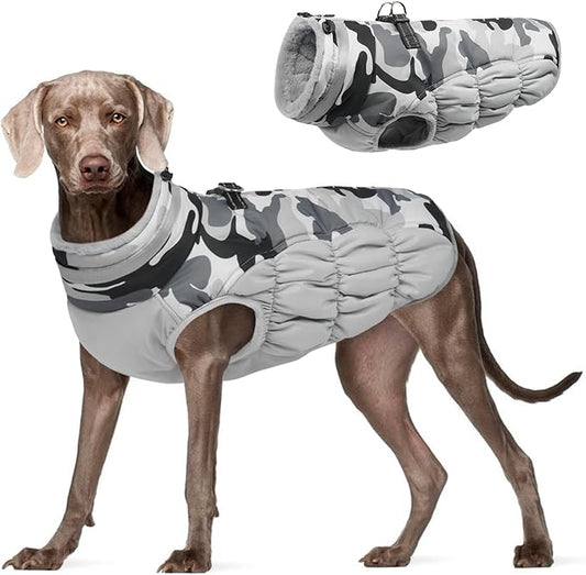FUAMEY Dog Coat for Large Dogs,Waterproof Dog Winter Jacket with Harness Built in Puppy Cold Weather Coats Reflective Pet Vest with Zipper Warm Fleece Dogs Snowsuit Windproof Grey Camo XXXL