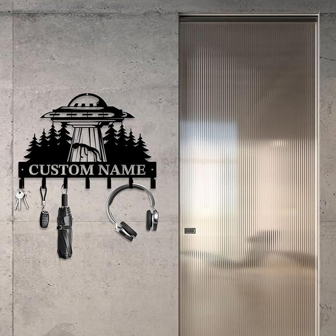 Personalized Custom Alien ET UFO Metal Wall Keys Hooks,Clothes Hooks Alien ET Art coat racks,door holder,Black Alien ET decorations for home,Entrance doors,Hallway, Bedroom,Keys,Hats (Style H)
