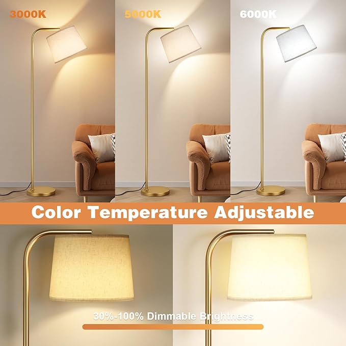 Ambimall Remote-Controlled Floor Lamp - Color Temperature Adjustable and Fully Dimmable, Standing Lamp for Living Room with Rotating Head, Tall Lamp for Bedroom, 9W Bulb Included (Gold and Beige)