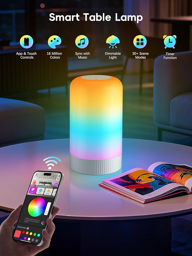 RGBICWW Smart Table Lamp, Touch Bedside Lamp with App Control, LED Desk Lamp with Music Sync, 30+ Scenes & 16M Colors, Color Changing Lamp for Bedroom Living Room Gaming Dimmable Night Light, Silver