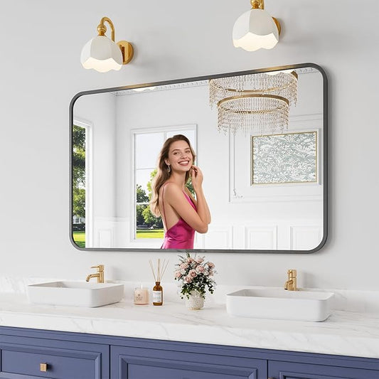 Koonmi Bathroom Mirror, 30X48 Brushed Black Metal Framed Wall-Mounted Mirror for Over Sink, HD Tempered Glass, Anti-Rust, Rounded Rectangle Mirror for Restroom, Bedroom, Hangs Horizontal or Vertical
