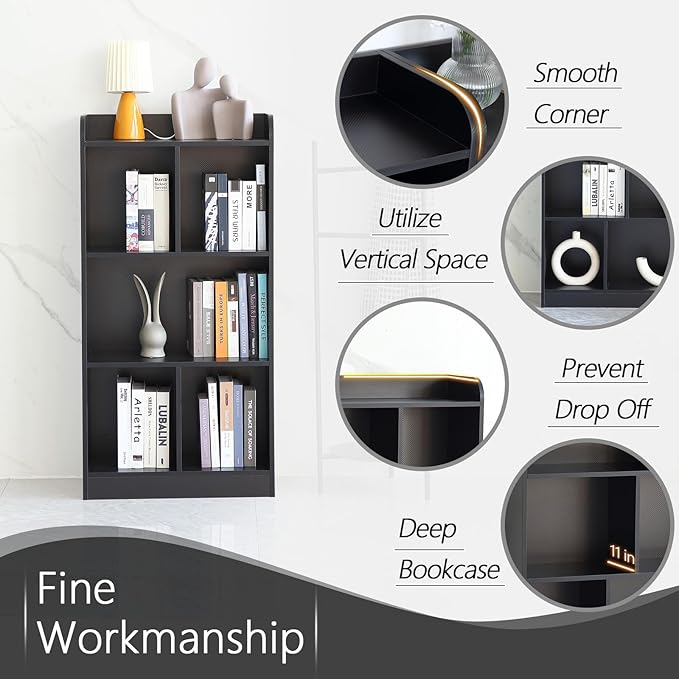 Book Shelf with Back Panel Stability 5 Cube Bookcase Multifunctional Cube Storage Organizer Shelf for Bedroom Living Room Office Closet School in Black with 23.62''W