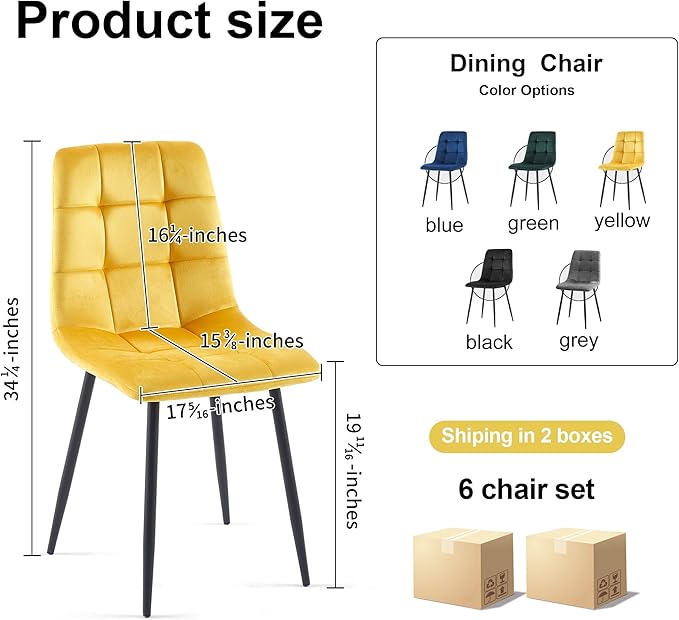 NORDICANA Yellow Velvet Dinner Chairs Set of 6, Modern Armless Biscuit Tufted Dining Side Chairs with Metal Legs for Kitchen Living Room Vanity