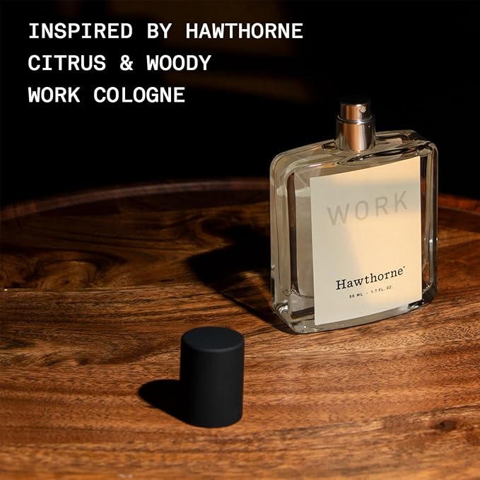 Hawthorne Citrus & Woody Cologne-Scented Candle. Crisp, Clean Citrus with a Grounded Woody Base. Notes of Grapefruit, Eucalyptus, Neroli, and Cedar. Soy Blend Wax, 7 Oz. About 50 Hours of Burn Time.