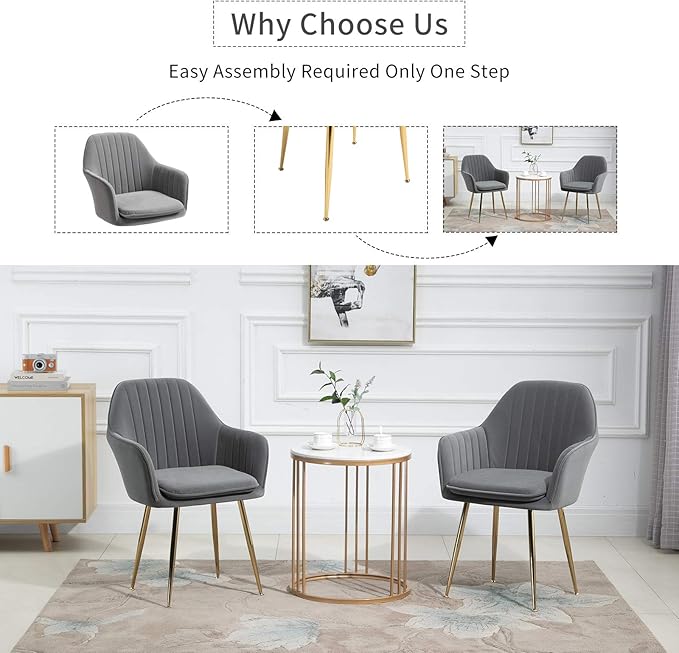 ECOTOUGE Matte Velvet Dining Chairs Set of 2, Modern Arm Chair with Golden Metal Legs, Living Room Accent Chairs for Kitchen, Grey