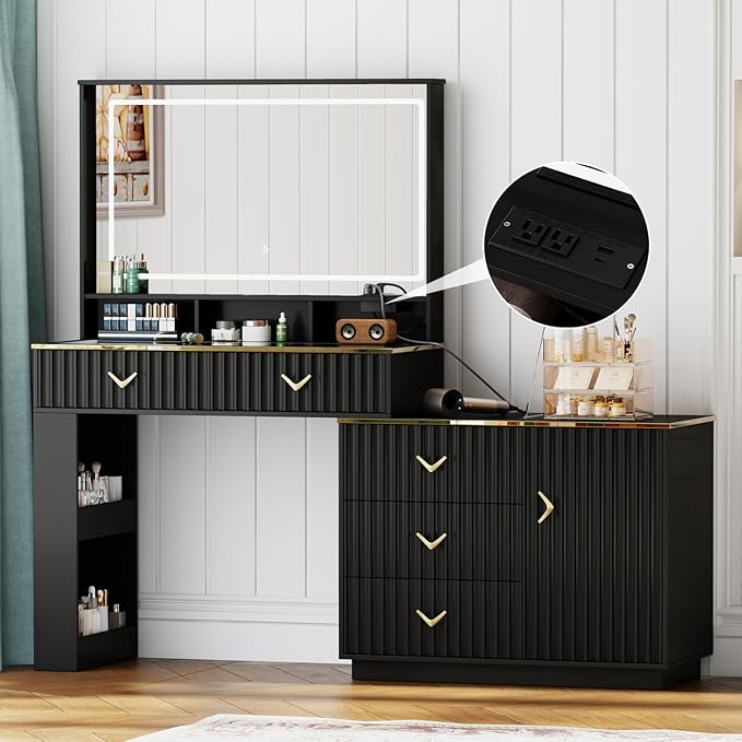 57“Makeup Vanity Desk with Mirror and Lights, Vanity Desk with 5 Drawers & Storage Shelves, Vanity Table with Power Outlet, 3 Color Modes & Adjustable Brightness Dressing Table, Bedroom,Black