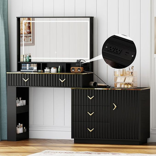 57“Makeup Vanity Desk with Mirror and Lights, Vanity Desk with 5 Drawers & Storage Shelves, Vanity Table with Power Outlet, 3 Color Modes & Adjustable Brightness Dressing Table, Bedroom,Black