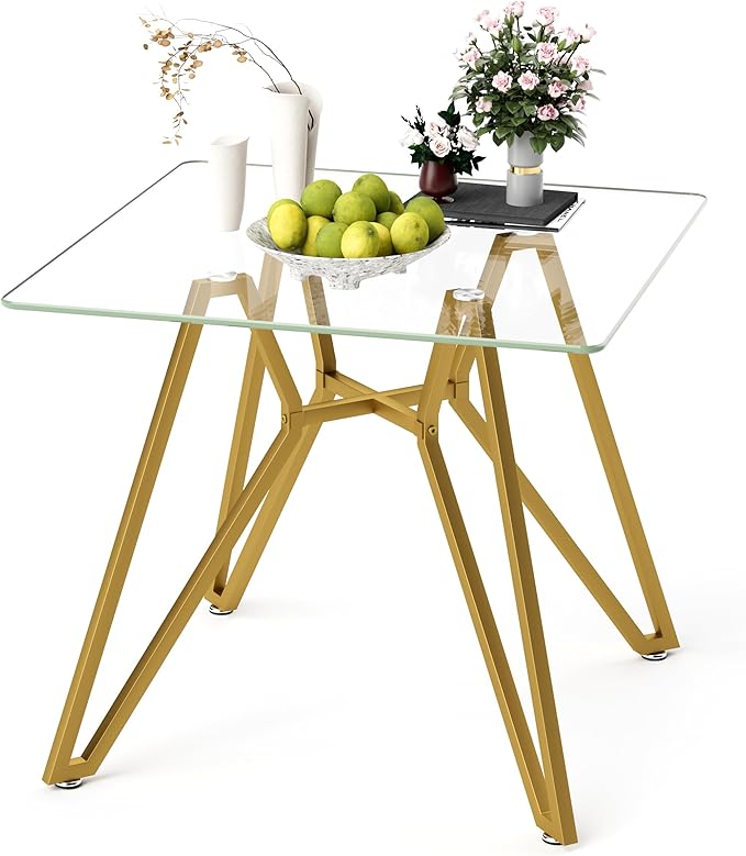 35.4" Square Glass Dining Table for 4, Modern Tempered Glass Kitchen Table for 4 with Gold Metal Legs, Compact Small Circle Dining Room Leisure Tables for Kitchen Apartment