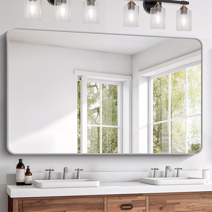 FORBATH 60x36 Inch Silver Bathroom Mirror for Over Sink, Large and Wide Rectangular Wall Mirror with Metal Frame, Rounded Corners for Bathroom, Bedroom, Entryway Decor (Horizontal or Vertical)