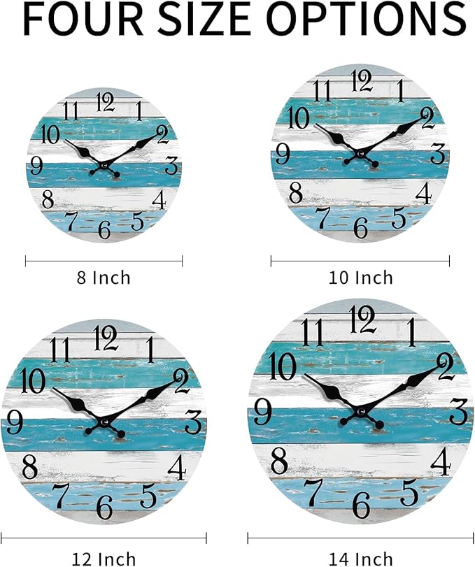 Wall Clock Battery Operated 10 Inch Outdoor Beach Style Blue Coastal Retro Silent Non Ticking Decorative for Bathroom Kitchen Living Room Bedroom