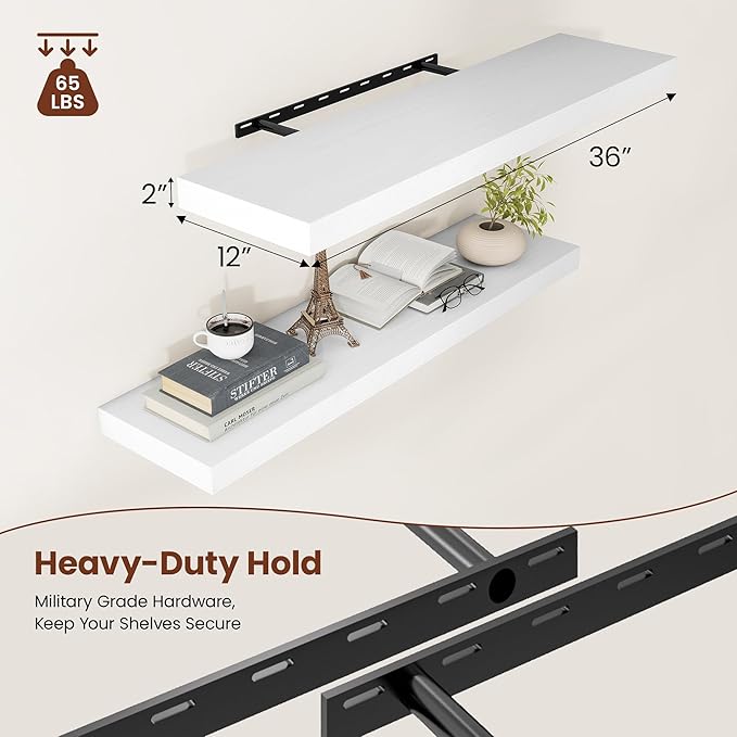 Vivelove 12 Deep Floating Shelves for Wall, 24/36/48/55 Inch Shelves for Room Wall Mounted, 2" Thick Floating Shelf for Living Room Bedroom Bathroom Kitchen Laundry Room, Set of 2 White