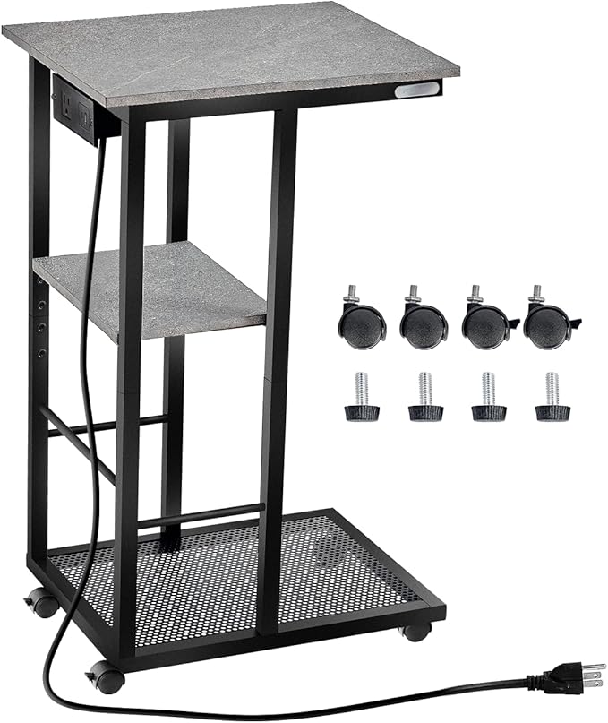 Redlife C Shaped End Table, Small Side Table for Couch C Tables with Charging Station, End Tables with Wheels & Adjustable Fee, Rolling Side Table for Living Room Bedroom (Grey Marble)