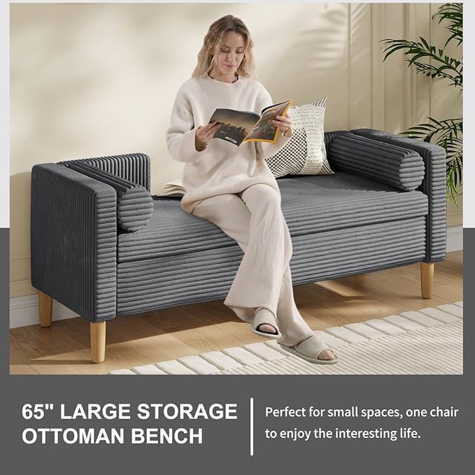 NIOIIKIT 65" Large Storage Ottoman Bench with 2 Pillows, Corduroy Upholstered Entryway Bench with Wood Leg, End of Bed Bench with Straight Armrest, Window Bench for Bedroom, Entryway (Dark Grey)