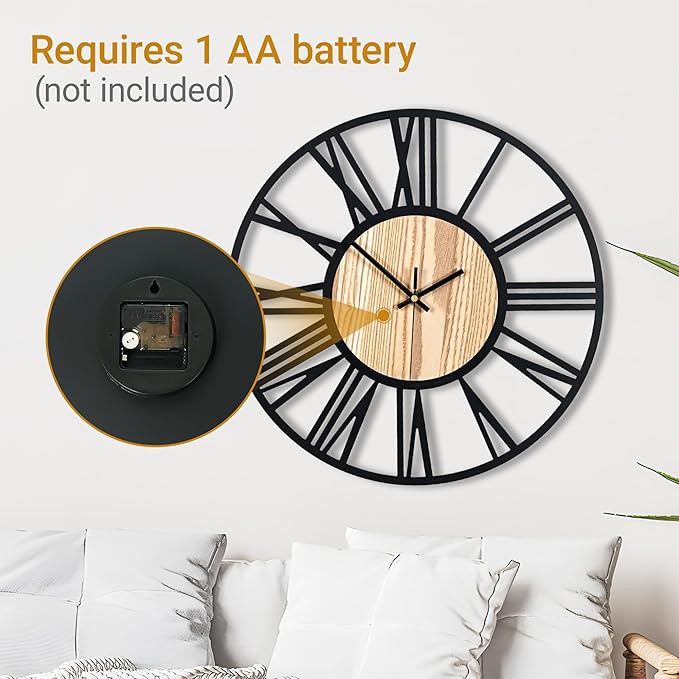 20inch/50cm Large Wall Clocks for Living Room Decor,Bedroom,Battery Operated,Metal,Decorative,Analog,Silent,Non Ticking Big Wall Clock(Wooden Roman Numerals, 20 inches)