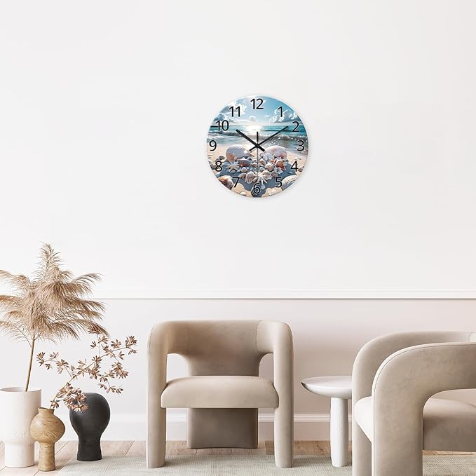 XNM 24 Inch Blue Sea Shell Office Wall Clock Modern Glass Large Wall Clocks Battery Operated Nautical Silent Clock for Wall