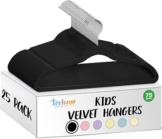 25 Premium Kids Velvet Hangers - 14" Non-Slip Clothes Hangers for Kids & Preteens - Ultra Slim, Space-Saving, Strong & Durable Hangers with 360° Swivel Hook - Black