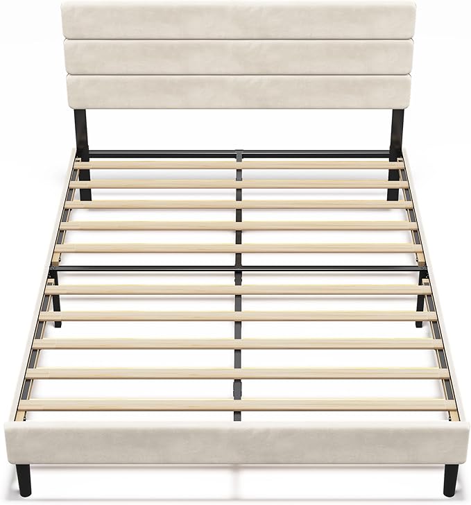 WLIVE Queen Size Upholstered Bed Frame, Velvet Square Tufted Headboard, Sturdy Metal & Wooden Slats Support, No Box Spring Needed, Beige