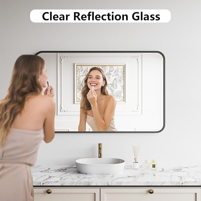 Koonmi Bathroom Mirror, 30X48 Brushed Black Metal Framed Wall-Mounted Mirror for Over Sink, HD Tempered Glass, Anti-Rust, Rounded Rectangle Mirror for Restroom, Bedroom, Hangs Horizontal or Vertical