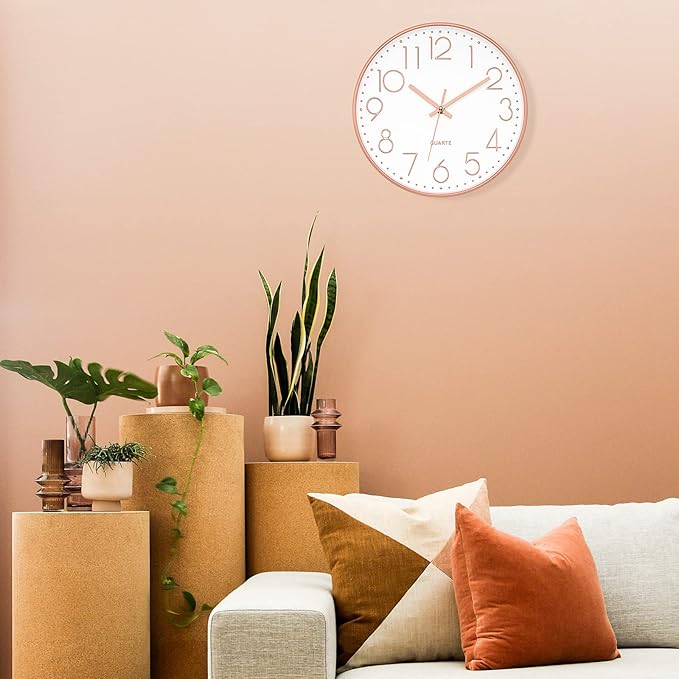 Foxtop Modern Wall Clock 12 Inch Non-Ticking Silent Battery Operated Round Quartz Rose Gold Wall Clock for Office Bedroom Living Room Kitchen Home School Decor