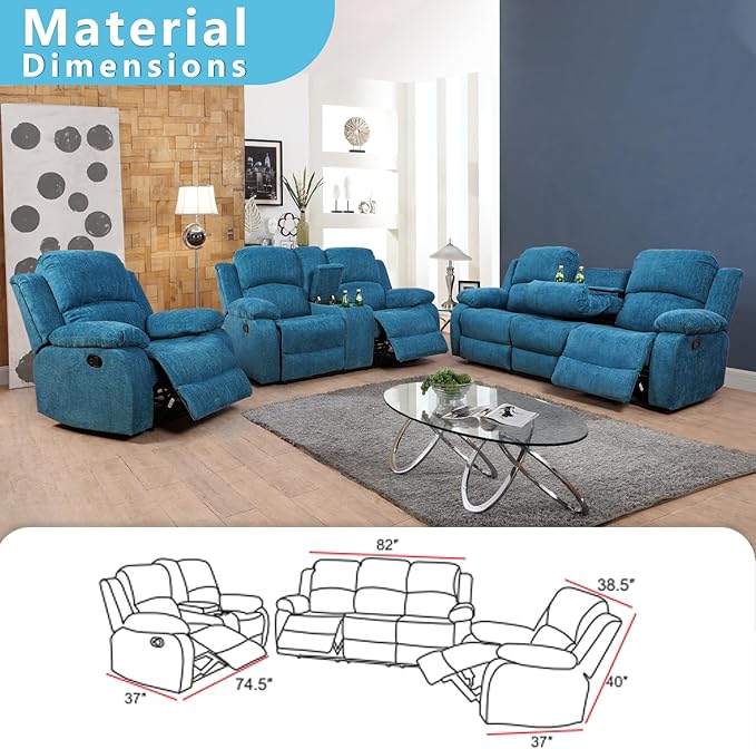 Manual Recliner Sofa Set,Microfiber Reclining Couch Set,Modern Living Room Furniture Set,Reclining Sofa Couch Chair for Living Room Home Office(Light Blue,3 Pieces Set)