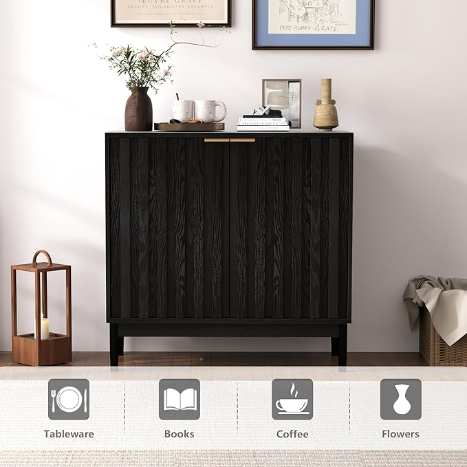 Fluted Cabinet with Storage, Buffet Cabinet Sideborad with Door, Kitchen Buffet Storage Accent Cabinets with Adjustable Shelves for Living Room, Entry, Hallway, Black