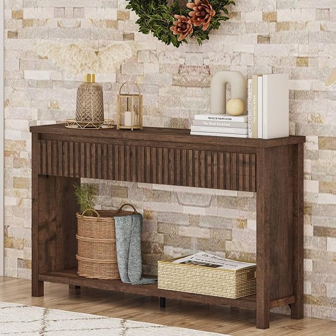 BON AUGURE Console Table with 2 Drawers, 47In Entryway Table with Storage, Sofa Tables with Two-Tier Shelf, Narrow Farmhouse Fluted Couch Tables for Living Room, Rustic Oak