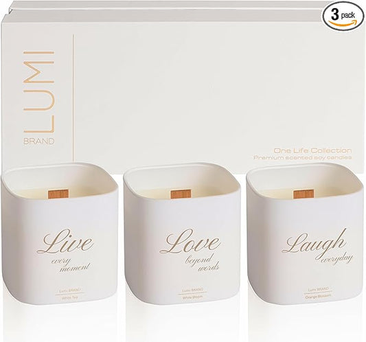 Set of 3 Premium Scented Soy Candles Gift Set | One Life Collection - Orange Blossom, White Tea & White Bloom | Crackling Wood Wick | Luxury Candle Set for Relaxation, Home Décor & Gifts | 9.8oz Each