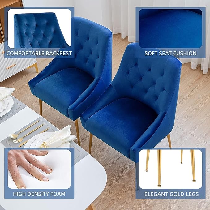 Modern Dining Chair Set of 2, Mid-Century Room Chair, Upholstered Comfortable Velvet with Back Pull Rod and Metal Legs for Kitchen, Dining, Living (Blue), (DYXSD)