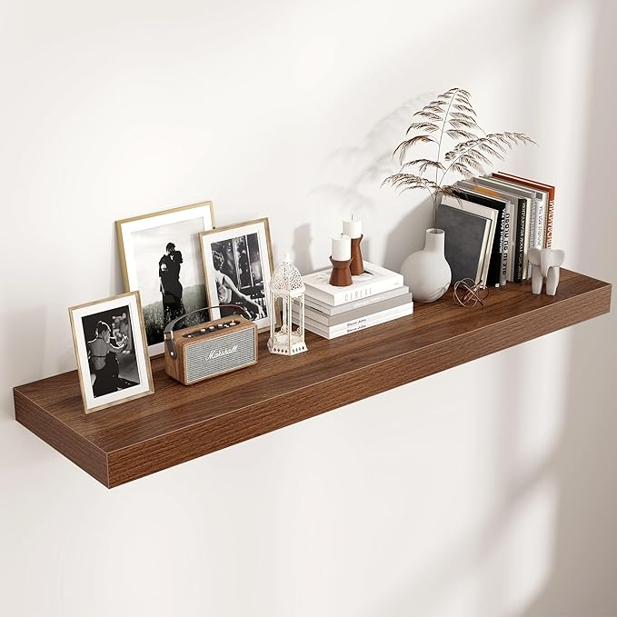 Floating Shelves for Wall, 48 Inch Wide x 12 Inch Deep Floating Shelves, Long Wood Floating Wall Shelf Shelves for Living Room Bathroom Bedroom Kitchen Home - (Walnut, 48" W x 12" D x 2" H)