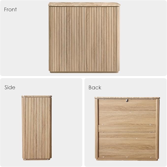 Fluted 2 Doors Sideboard Cabinet with Storage-Wooden Credenza w/Shelves, Faux Marble-Top Coffee Bar Console Table, Modern Buffet Cabinet for Dining, Kitchen, Living Room, Entryway, Natural Oak, 3pcs