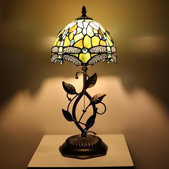 Small Tiffany Lamp Yellow White Dragonfly Style Stained Glass Table Lamps Desk Bedside Reading Light 8X8X18 Inches with Bronze Metal Leaf Resin Base