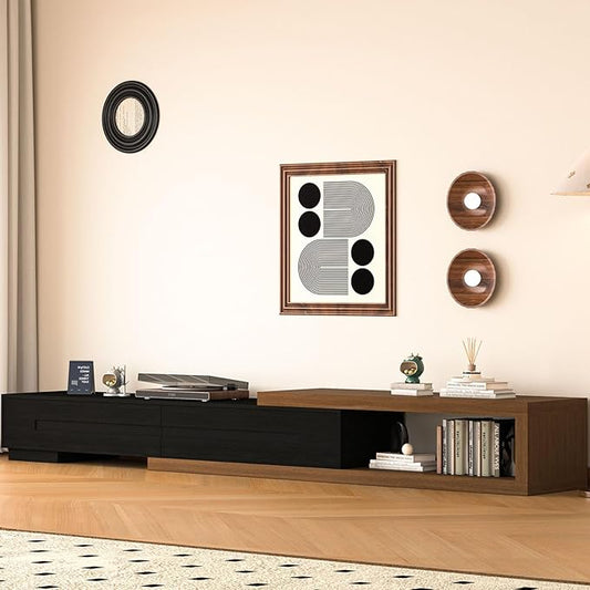 80’’-115’’ Extendable TV Stand for 120 Inch TV, Walnut Wood Modern Entertainment Center, Rectangle TV Console Table, Extendable, Black