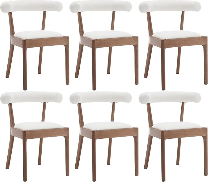 Kmax Dining Room Chairs Mid-Century Modern Fabric Kitchen Chairs with Natural Walnut Finished Frame, Linen Curved Back, Set of 6, White