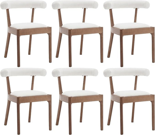 Kmax Dining Room Chairs Mid-Century Modern Fabric Kitchen Chairs with Natural Walnut Finished Frame, Linen Curved Back, Set of 6, White