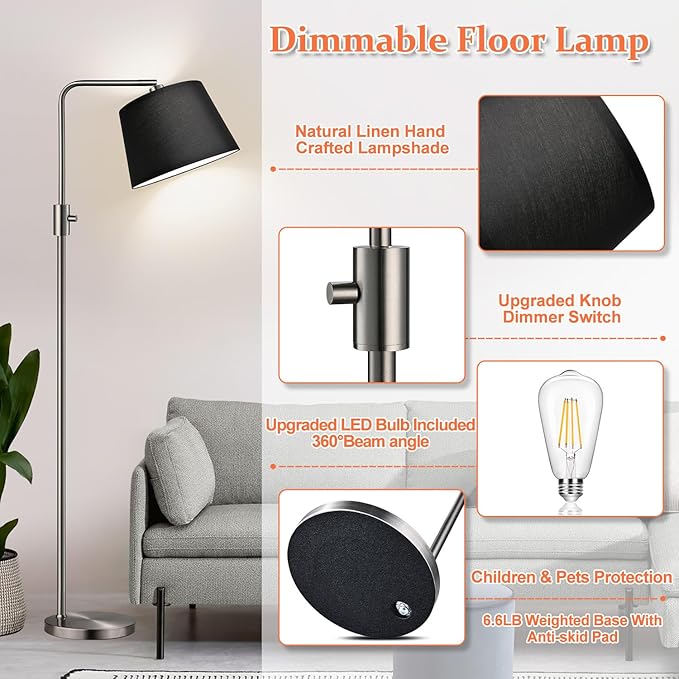 Nintiue 【Upgraded】 Dimmable Floor Lamp, 1000 Lumens LED Edison Bulb Included, Brushed Nickel Arc Floor Lamps Modern Standing Lamp with Black Shade, Tall Lamps for Living Room Bedroom