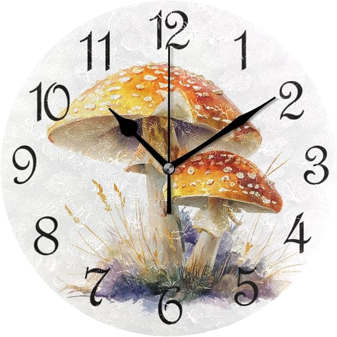 Wall Clock Yellow Mushroom Silent Non-Ticking Decorative Round Wall Clocks Battery Operated for Office Home Living Room Kitchen Bedroom 10 Inch
