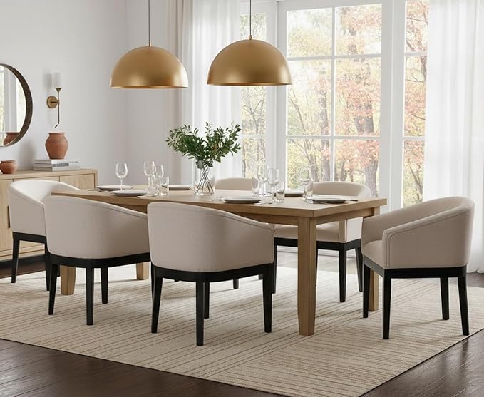 Mid-Century Modern Beige Dining Chairs Set of 6, Linen Upholstered Kitchen Dining Room Chairs with Black Wood Legs, Curved Backrest Armchairs, Beige