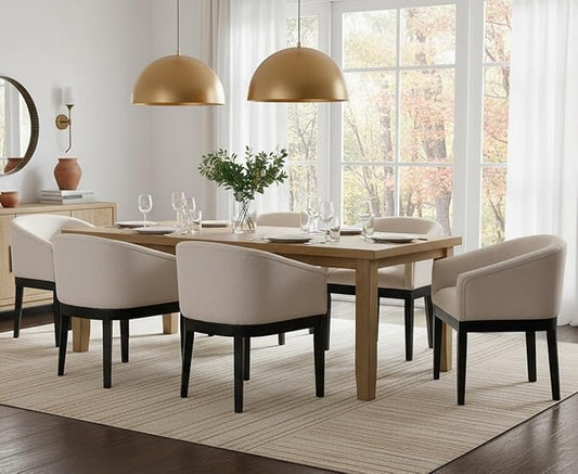 Mid-Century Modern Beige Dining Chairs Set of 6, Linen Upholstered Kitchen Dining Room Chairs with Black Wood Legs, Curved Backrest Armchairs, Beige