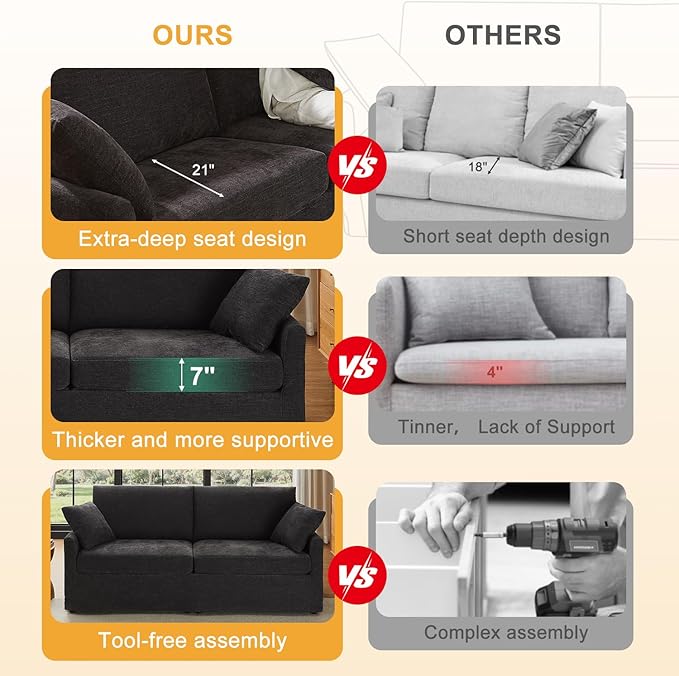 85" Chenille Sofa Couches for Living Room, 3 Seater Sofa with 2 Pillows, Modern Couches Tool-Free Setup, Comfy Oversized Loveseat with Medium Firm Cushions for Small Spaces, Apartment